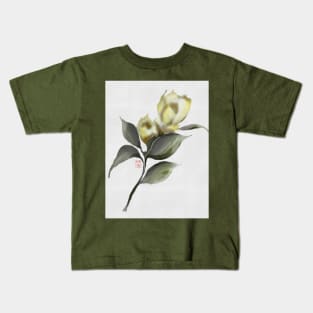 Yellow watercolor and sumiE ink camellia Kids T-Shirt